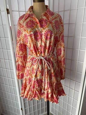 Zara Pink Orange Print Shirt Dress Boho Ruffle Hem Tie Waist Mini Dress Size XL